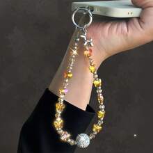1pc Y2K Sweet & Cool Gold Butterfly Phone Chain, Iridescent Crystal Beaded Rhinestone Ball, Hot Girl Ins Style Phone Charm - Gold Bow - View 5