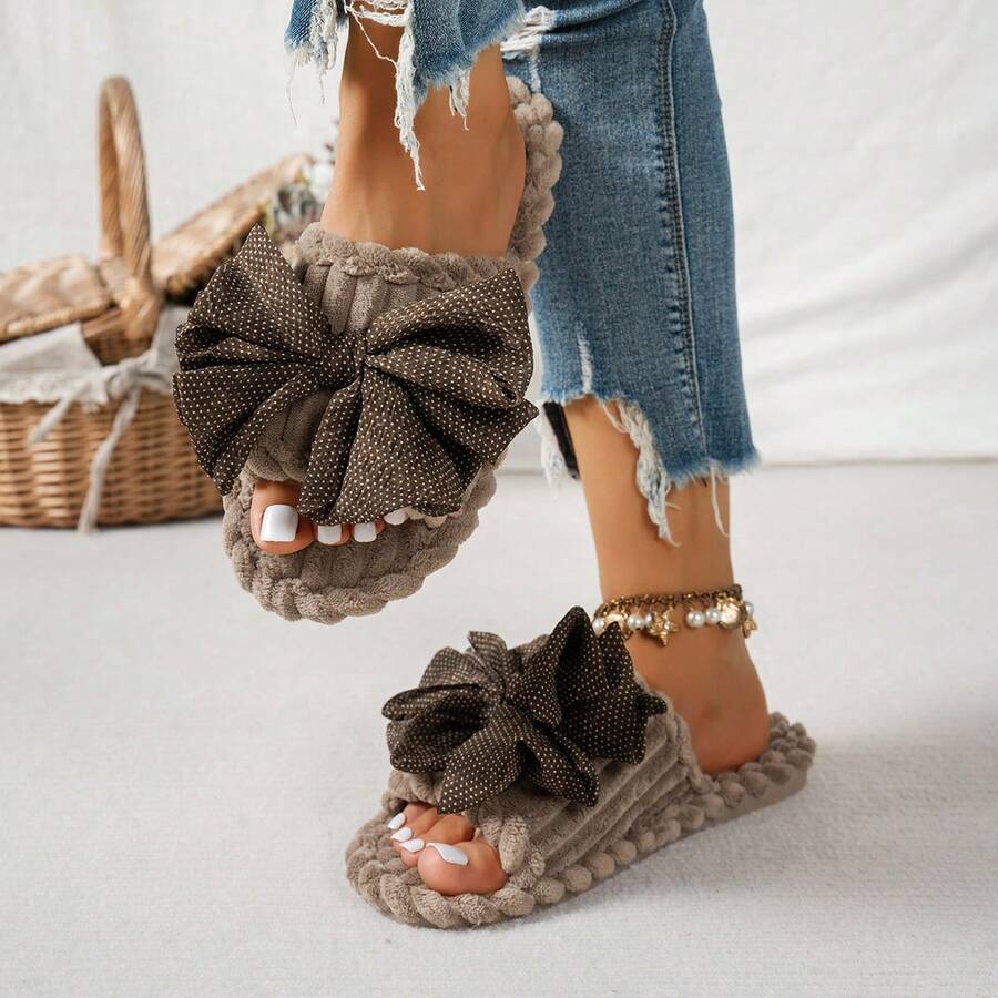 Women's Home Slippers Bow Knot Fashion Fabric Patchwork Casual One-Strap Indoor Autumn Winter Cotton Slippers - Khaki - View 1