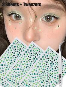 1/3/5/7pcs Green Self-Adhesive Face Gem Stickers, Suitable For Face And Body, Perfect For Christmas, Party, Festival, Y2K Style, Concert Looks, Face Jewels - Multicolor - View 8