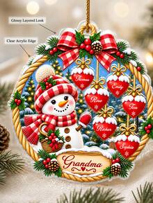 1pc Personalized Custom Text Snowman Christmas Ornament, Custom Family Names Pendant, Christmas Gift, Wreath Style Family Keepsake Decoration, Christmas Holiday Gift For Grandma Family, Xmas Tree Home Party Decor - Multicolor - View 2