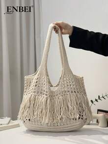 ENBEI Large Capacity Hollow Hand-Woven Tote Bag, Perfect Match For Women's Vacation Outfits, Women's Hollow Crochet Bag, Large Capacity Shopping Bag, Simple Tassel Design, Portable Outdoor Travel Tote Bag, Beach Bag, Holiday Essential, Perfect Match For Autumn Clothing - Beige - View 2