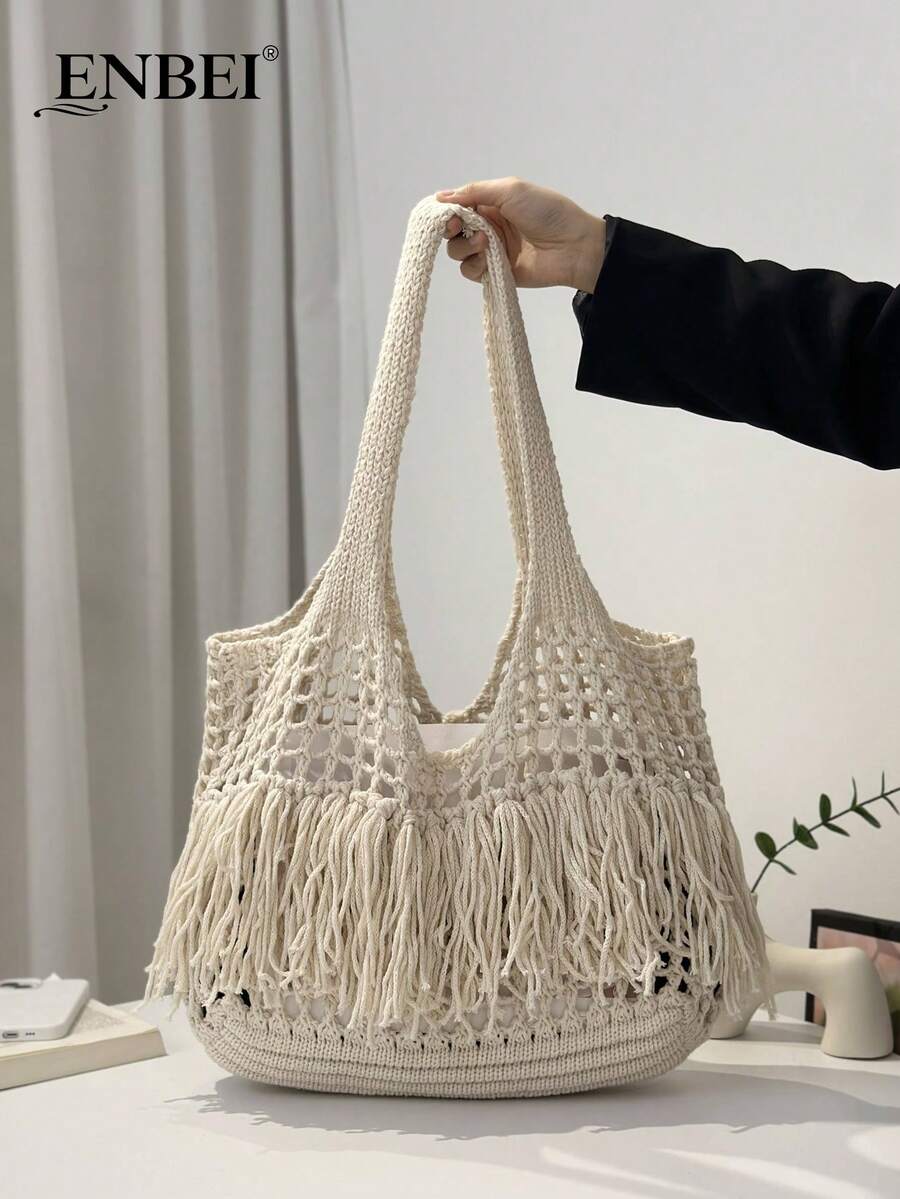 ENBEI Large Capacity Hollow Hand-Woven Tote Bag, Perfect Match For Women's Vacation Outfits, Women's Hollow Crochet Bag, Large Capacity Shopping Bag, Simple Tassel Design, Portable Outdoor Travel Tote Bag, Beach Bag, Holiday Essential, Perfect Match For Autumn Clothing