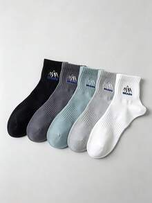 1/5 Pairs Men's Snow Mountain Letter Solid Color Short Socks, Sweat-Absorbent Breathable Casual Sports Socks, Suitable For Daily Wear, Sports, Back To School Season, All Seasons - Multicolor - View 2