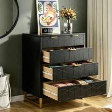 Cómoda Cajonera Moderna con 5 Cajones y Tiradores de Metal Dorado, Mueble de Dormitorio con Textura Geométrica en Relieve y Base de Metal, Ideal para Sala, Recámara o Espacios Pequeños Mueble de Almacenamiento Moderno para Decoración de Interiores - Negro - Ver 1