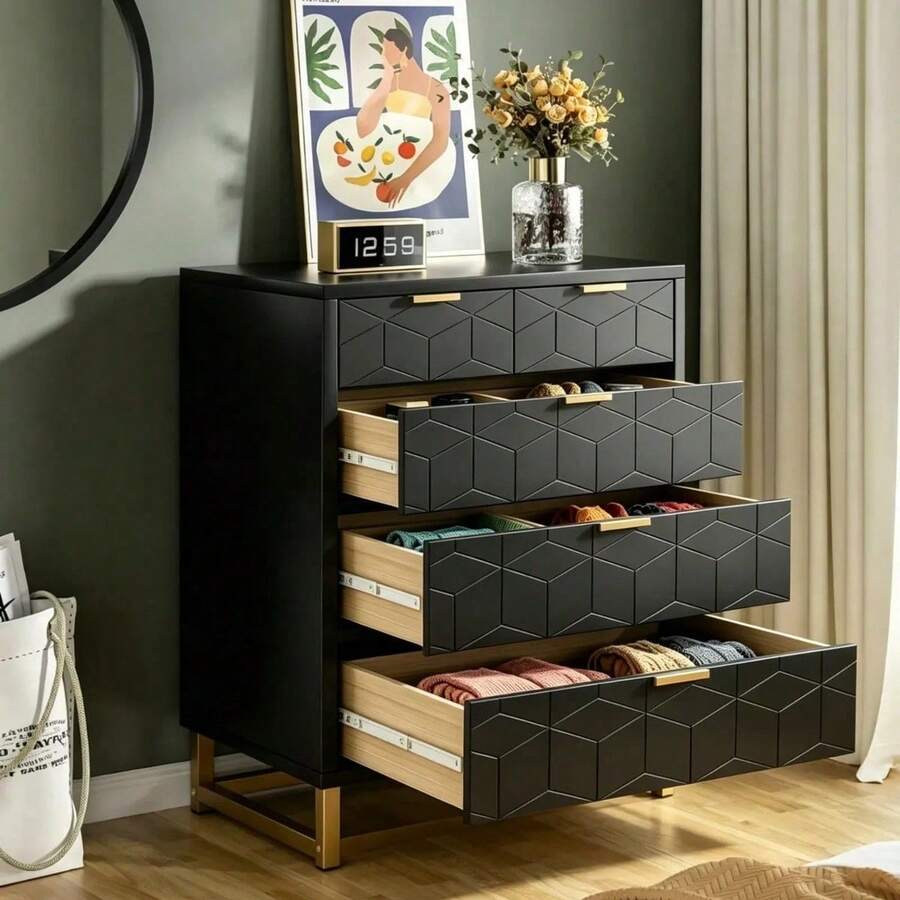 Cómoda Cajonera Moderna con 5 Cajones y Tiradores de Metal Dorado, Mueble de Dormitorio con Textura Geométrica en Relieve y Base de Metal, Ideal para Sala, Recámara o Espacios Pequeños Mueble de Almacenamiento Moderno para Decoración de Interiores - Negro - Ver 1