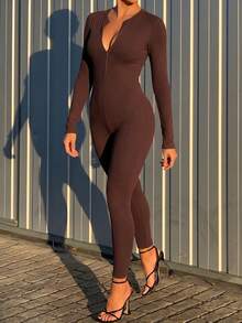 GLAMSKIN Women's Autumn/Winter Ribbed Long Sleeve Jumpsuit, Half-Zip Deep V-Neck Slim Fit One-Piece Set, High Elasticity Casual Street Style Jumpsuit - Brown - View 6
