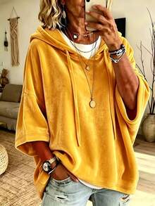 Plus Size Women's 3/4 Sleeve Solid Color Gold Velvet Casual T-Shirt Top, Autumn/Winter - Yellow - View 1