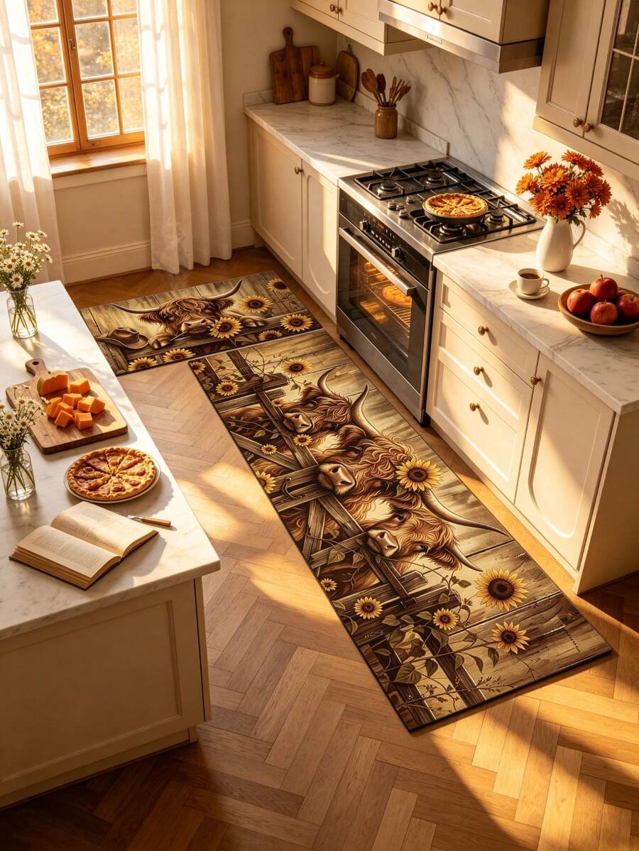 1/2pcs Autumn Floor Mat, Vintage Bull & Sunflower Pattern Diatomaceous Earth Mat, Super Absorbent, Non-Slip, Perfect For Bathroom, Kitchen And Dining Room, Quick Drying, Ideal Home Decor And Bathroom Mat Gift, Autumn Gift! - Multicolor - View 1