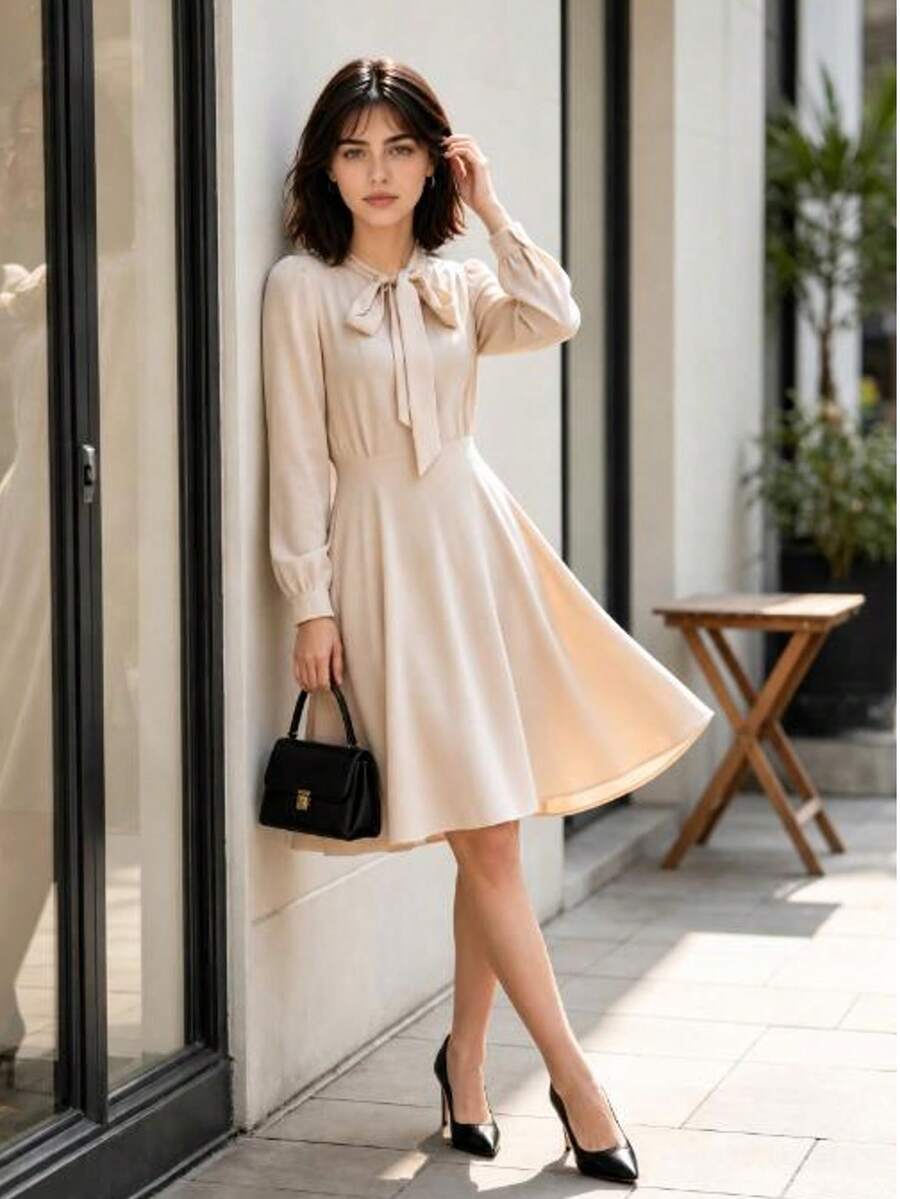 Autumn/Winter New Petite French Gentle Style Elegant Bow Ribbon Long Sleeve Elegant Dress - Apricot - View 1