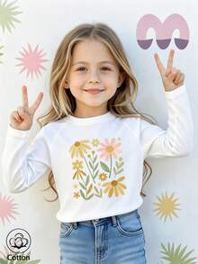 Girls Cotton Raglan Long Sleeve Tee, Autumn Winter Floral Print Top, Sweet Pastoral Charm Preppy Style - White - View 2