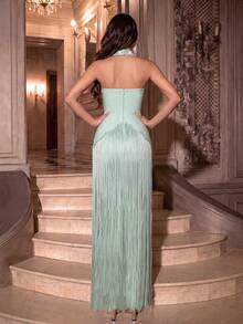 FEELAIR Sexy Halter Neck Sleeveless Backless Heavy Rhinestone Tassel Maxi Dress, Suitable For Wedding, Holiday, Party, Women's Formal Evening - Mint Green - View 7