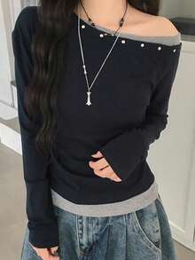 拼接設計 2 合 1 不對稱單肩長袖 T-shirt，鉚釘裝飾修身上衣 - 藏蓝色 - 查看 2