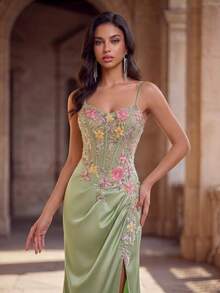 Anymoon Women's Floral Embroidered Pleated Elegant Spaghetti Strap Evening Gown - Green - View 4