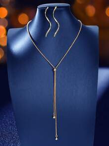 3pcs/Set Minimalist Basic Gold Y-Shaped Long Pendant Necklace & Spiral Stud Earrings Business Office Jewelry Set - Gold - View 1