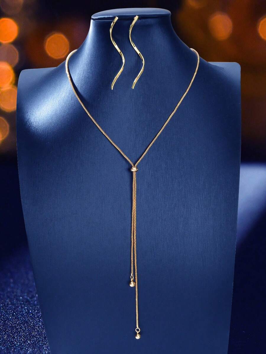 3pcs/Set Minimalist Basic Gold Y-Shaped Long Pendant Necklace & Spiral Stud Earrings Business Office Jewelry Set - Gold - View 1