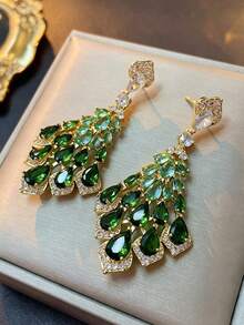 1 Pair Elegant Cubic Zirconia Teardrop Tassel Dangle Earrings, Suitable For Women's Wedding And Party Wear - Golden Yellow+Green - View 4
