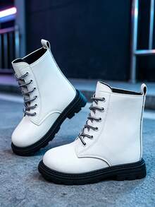 1 Pair Kids British Ankle Boots, Soft PU + Front Lace-Up Design, Round Toe Thick Sole Height-Increasing Casual Daily Style School Boots, Suitable For School And Vacation, Autumn/Winter New - White - View 5
