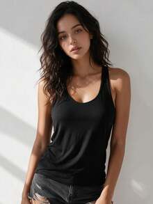 Women's Solid Color Cross Back Spaghetti Strap Cami With Removable Pads, Loose Fit Yoga Tank Top, Casual Workout Gym Cover Up Shirt - Black - View 2