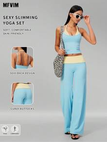 MFVIM Women's Skin-Friendly Yoga Set, Spaghetti Strap Camisole Top + Colorblock Wide Leg Pants - Baby Blue - View 2