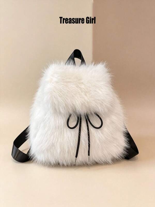 Sweet Furry Bow Backpack For Women Winter Soft Plush Mini Shoulder Bag
