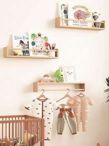 3pcs Natural Wood Children's Wall-Mounted Picture Book Shelf, Wall Storage Bookshelf - Khaki - View 5