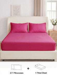 2/3pcs Solid Color Fitted Sheets, Mattress Protector, Mattress Cover, Deep Pocket Bed Sheets, Soft & Breathable, Suitable For All Bed Sizes - Twin, Full, Queen, King, 9-12 Inches/25cm Deep Pocket, Machine Washable, Watermelon Pink - Watermelon Pink - View 2