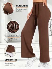 1pc Women's High Waist Wide Leg Pants, Drawstring Straight Leg Pants, Elastic Wide Leg Pants, Drawstring Design, Daily Office Versatile Casual Wear Long Pants, Commute Style Solid Color Minimalist Draped Design High Waist Wide Leg Pants, Four Seasons Vintage Loose Casual Long Pants, Fashion Minimalist Versatile Long Pants, Suitable For Office, Business Casual And Formal Occasions Daily Outdoor Shopping Wear - Brown - View 3