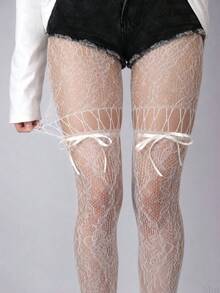1 Pair Plus Size Women's White Floral Lace Over-The-Knee Socks, Satin Bow Decor Hollow Mesh Socks - Multicolor - View 7