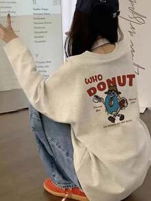 女款秋冬寬鬆極簡時尚百搭字母卡通甜甜圈印花長袖T恤休閒款 - 淺花灰 - 查看 2