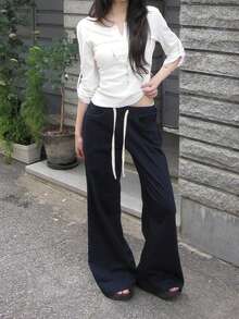 Korean Style Minimalist Multi-Button Adjustable Half-Open Collar 3/4 Sleeve T-Shirt - White - View 4