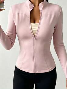 Fitted Elastic Fabric, Conservative Yet Fitted; Women's Stand Collar Zipper Sports Jacket With Thumb Hole. Pink - Pink - View 4