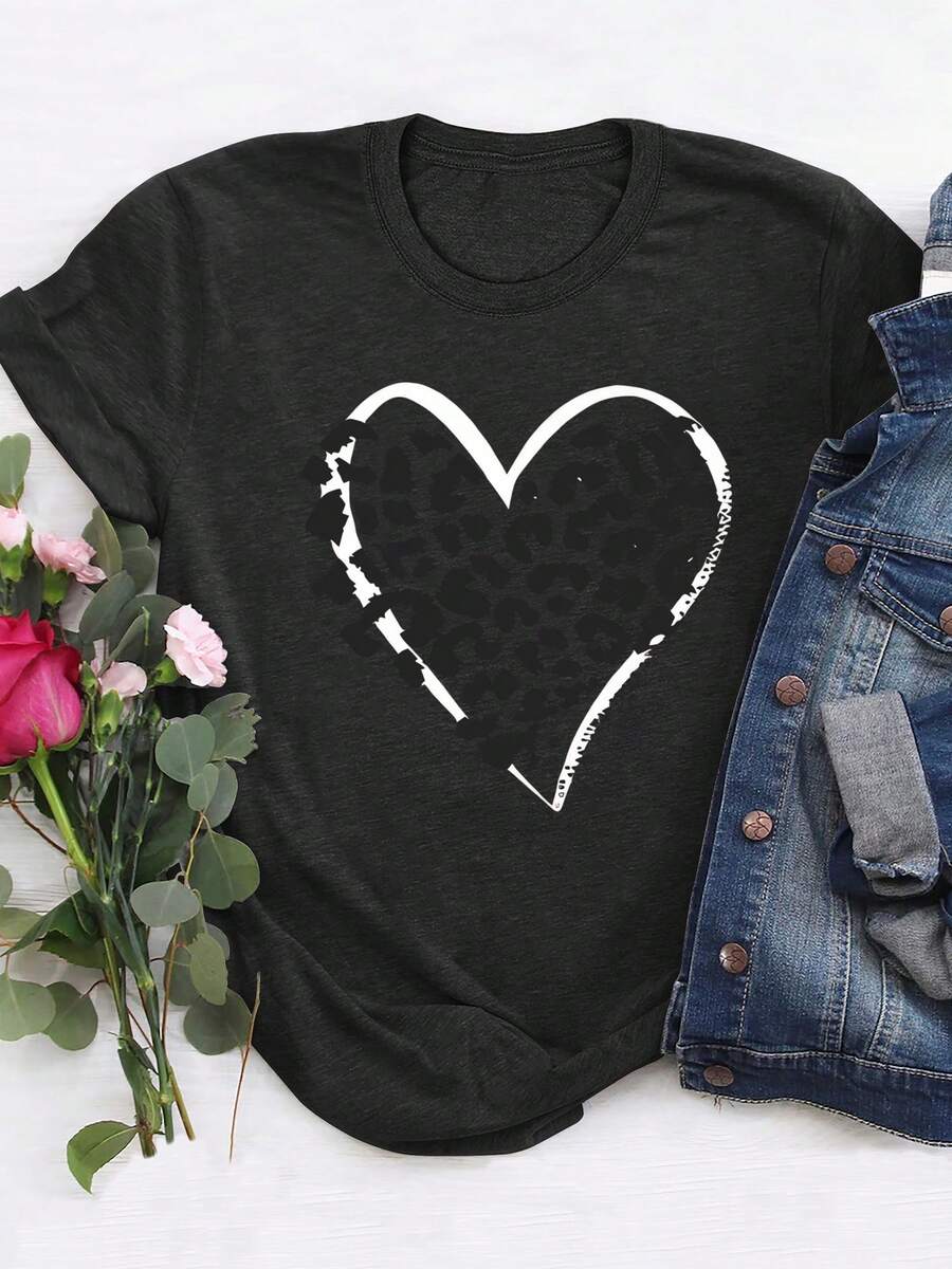 Women's EUStyle Short Sleeve TShirt With Leopard Heart Print  Round Neck Casual Blouse Top, Medium Stretch Suitable For Streetwear, Casual Attire & - Black - View 1