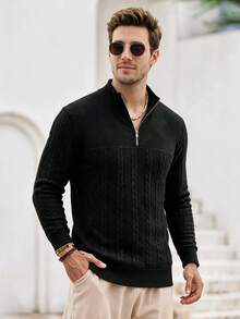 Mercer Haus Men's Old Money Aesthetic Solid Quarter Zip Polo Collar Cable Knit Sweater - Black - View 1