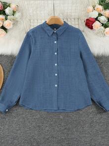Loose Fit Women's Cardigan, Long Sleeves With Roll-Up Option, Denim-Effect Color Fabric, Suitable For Autumn Casual Wear - Blue - View 3