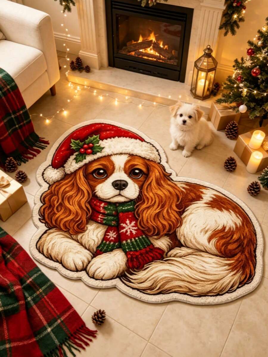 1pc Christmas Hat Dog Bedroom Art Rug, Personalized Aesthetic Style Decorative Carpet, High-Value Plush Asymmetrical Shaped Large Rug For Bedroom Bedside, Vanity, Living Room, Ins Style Space Aesthetic Atmosphere Blanket, Dopamine Cream White Cute Cat Lover Pet Owner Home Decor Accent, Large Area Rug, Carpet, Mat, Home Decoration, Area Rug, Casual Blanket, Asymmetrical Large Rug, Bedroom Large Rug, Washable Rug - Multicolor 2 - View 1