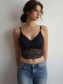 Sexy Lace Women's Camisole Top With Padded Cups, Suitable For All Seasons - Black - View 4