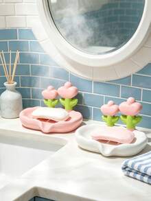 1pc Pink & White Floral Pattern Soap Dish, Flower Shaped Drainage Soap Holder, Slanted Drainage Design, Bathroom Countertop Soap Storage Decor, Home Daily Use - Multicolor - View 6