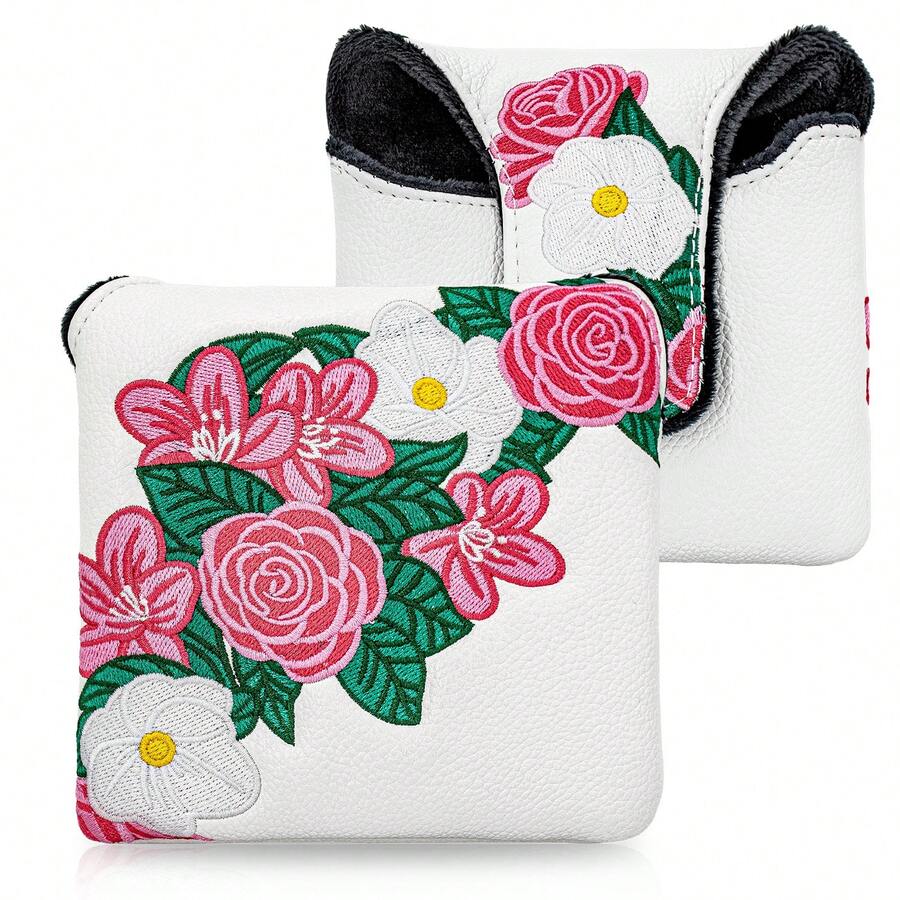 1pc Peony Flower Embroidered White Pu Golf Square Mallet Putter Headcover, Magnetic Closure Club Protector For Square‑Style Putters, Golf Accessories For Men Women