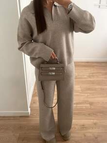 Fashionable Minimalist Women's Ribbed Knit Pullover Wool Sweater & Wool Wide Leg Pants Set, Comfortable Mid-Stretch Autumn/Winter Casual Warm Outfit, Oatmeal Color - Maroon - View 4