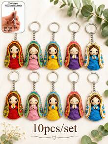10pcs Colorful Crochet Style Virgin Mary Keychain, 2D Flat Acrylic Floral Praying Girl Pendant, Cute Religious Faith Bag Charm, Car Key Chain Accessory, Suitable For Daily Commute, Church Gathering, Baptism, Religious Memorial, Holiday Party And Faith Gift - Multicolor - View 1
