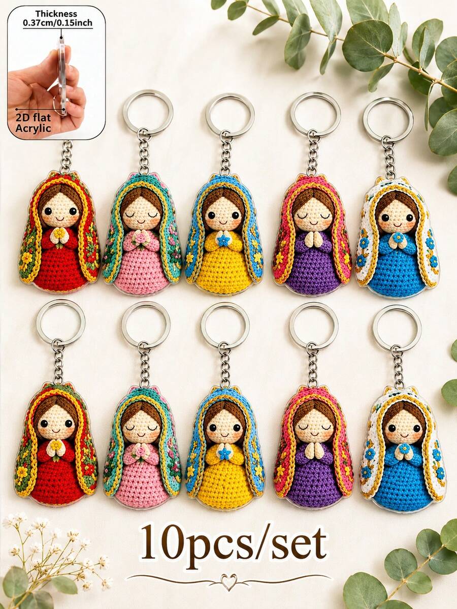 10pcs Colorful Crochet Style Virgin Mary Keychain, 2D Flat Acrylic Floral Praying Girl Pendant, Cute Religious Faith Bag Charm, Car Key Chain Accessory, Suitable For Daily Commute, Church Gathering, Baptism, Religious Memorial, Holiday Party And Faith Gift - Multicolor - View 1
