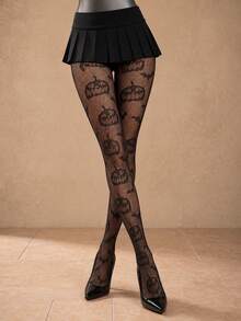 A Pair Of Black Pumpkin-Patterned Tights-Featuring Rich Color, A Smooth Texture, And A Form-Fitting Design. - Black - View 3