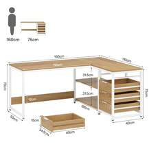 LITTLE TREE Desk With 4 Drawers, L-Shaped Computer Desk With 2 Shelves - L - View 2