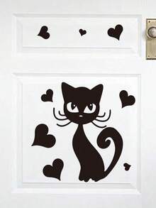 Cute Black Cat Heart-Shaped Wall Decal, Removable Vinyl Wall Sticker, Cartoon Pet Cat Children's Mural For Bedroom, Refrigerator, Cabinet, Home DIY Decor - D - View 6
