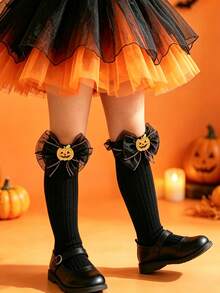 1 Pair Baby Girl Pumpkin Bow Decor Halloween Style Knee-High Leg Warmers, Fun Dark Cute Monster Style, Big Eye Monster Bright Color Girls Leg Warmers, Suitable For 2-8 Years Old Girls Holiday Wear - Black - View 9