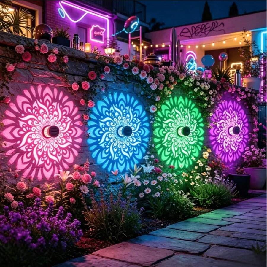 1/2pcs Outdoor Solar Powered Projection Wall Light, Colorful Mandala Floral Pattern LED Wall Light, Suitable For Garden Lawn, Backyard, Stairs, Party Decoration And Pond Landscape Lighting - Outdoor Projector Light - View 1
