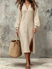 Women's Fall Winter Oatmeal Polo Collar V-Neck Lantern Sleeve Side Slit Fuzzy Knit Midi Dress, Relaxed Fit Elegant Casual Daily Office Commute Wear - Apricot - View 2