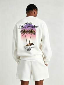 Set Kasual Pria Musim Semi/Gugur Minimalis dengan Motif Gradien Pohon Kelapa dan Huruf, Terdiri dari Sweatshirt Lengan Panjang dan Celana Pendek, Terdiri dari Sweatshirt dan Celana Pendek. - Putih - View 1