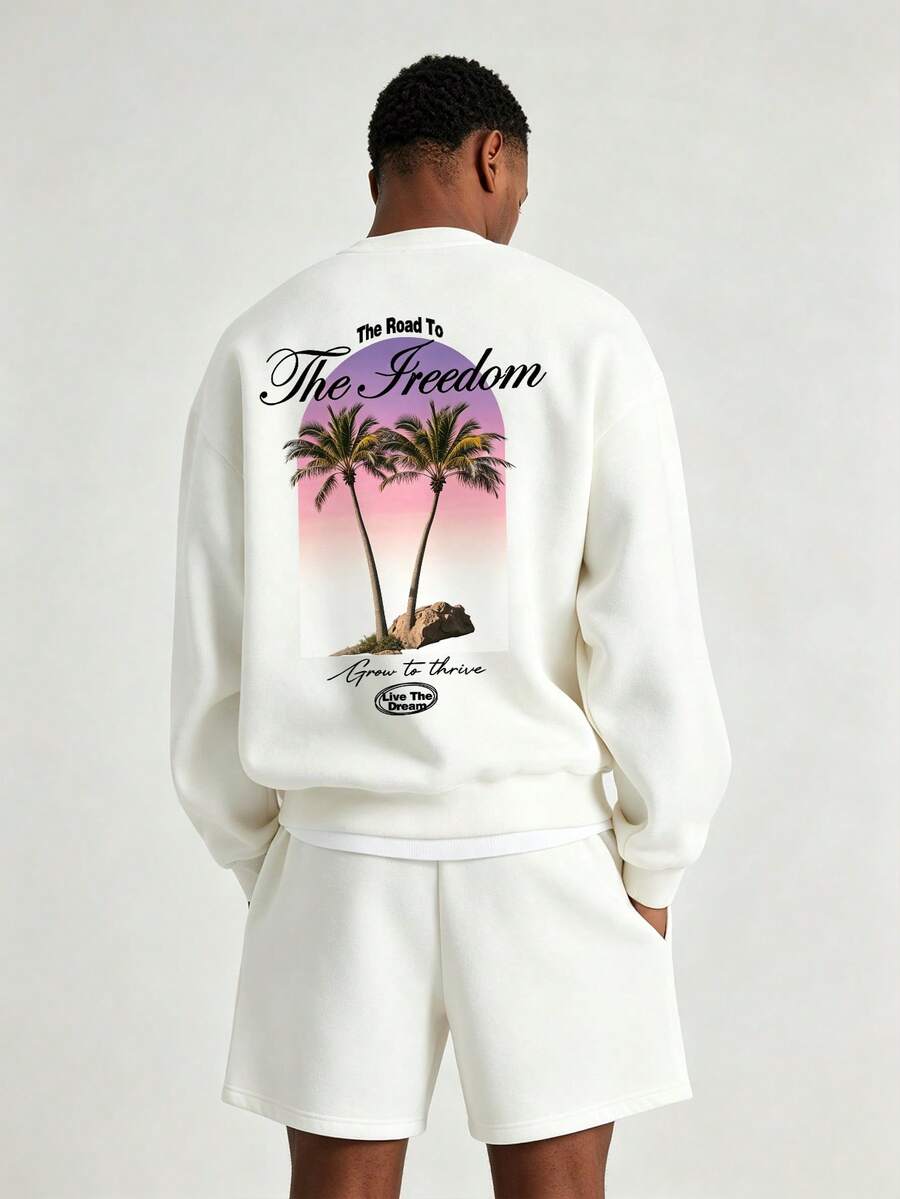 Set Kasual Pria Musim Semi/Gugur Minimalis dengan Motif Gradien Pohon Kelapa dan Huruf, Terdiri dari Sweatshirt Lengan Panjang dan Celana Pendek, Terdiri dari Sweatshirt dan Celana Pendek. - Putih - View 1
