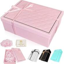 Pink Foldable Gift Box, 25 * 18 * 8.5 Cm, With Bow, Raffia, And Greeting Card, With Lid, For Packaging Gifts For Birthdays, Weddings, And Holidays - 1pc - View 2